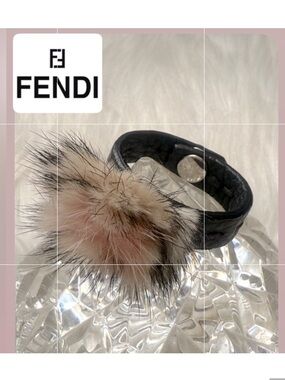 Fendi Scarf Ring Black Leather with Pink and Cream Fur Pom